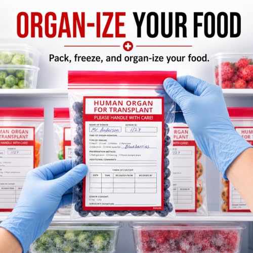 Image of Funny Human Organ Bags, 50 Pack, Organ Donor Bags & Medical Party Favors | Organ donation & transplant bags for bulk healthcare events, doctor parties and candy; BPA-free, food-grade, 7 x 9 in.