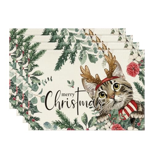Artoid Mode Holly Blumen Eukalyptus Katze Weihnachten Platzsets 4er...