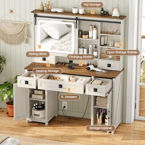 Image of AOGLLATI Farmhouse Makeup Vanity Desk with Lights & Charging Station,Vanity Desk with Mirror and Lights, 47.2 inch Large Brown Vanity Table with Ample Storage Space and Sliding Mirror (Antique White)