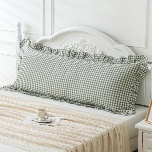 Green/White Plaid Ruffled Body Pillow Sham Washed Cotton Shabby Checkered Gingham Pillow Cover 20"x54"