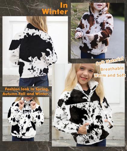 Girls Cow Print Pullover Quarter-Zip Sherpa Fleece Jackets Casual Fuzzy Outwear Coat with Pockets3