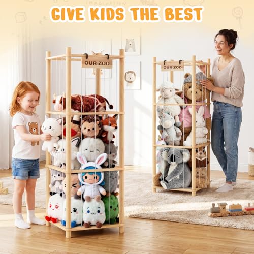 Image of Woodure Stuffed Animal Storage & Organizer, Wooden Cute Zoo Toy Holder for Toddler Rooms, Playrooms & Bedrooms(2pcs)
