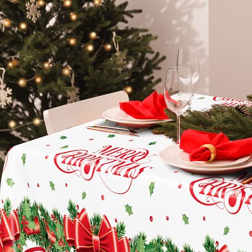 QZYL 2 Pack Christmas Tablecloths, 54" x 108" Xmas Plastic Table Cloth, Poinsettia Holly Bells Design Holiday Disposable Tablecover Rectangle Tablecloth, Christmas Decor Holiday Table Decorations – Image 4
