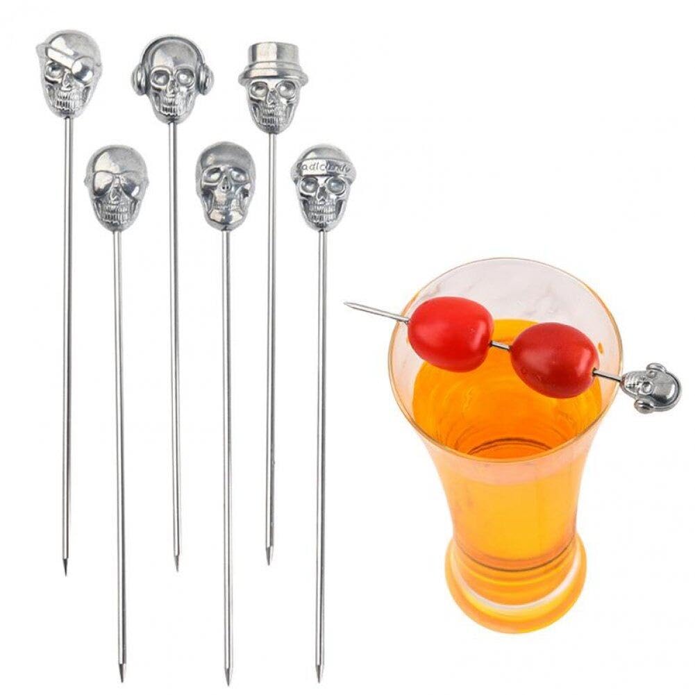 Dinntty Stainless Steel Cocktail Picks 6pcs Skull Sandwiches Appetizers Picks Reusable Fruits Toothpicks Metal Martini Sticks