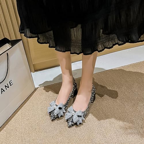 Women's Rhinestone Bowknot Chunky Low Heel Pumps Classic Comfortable Pointed Toe Work Office Dress Shoes Slip On Wedding Party Shoes4