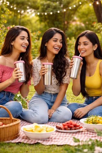 Image of Stainless Steel Fusion Glass Tumbler with Stainless Steel Metal Straws and Cleaning Brush with Lid (LD SIP 400ML)