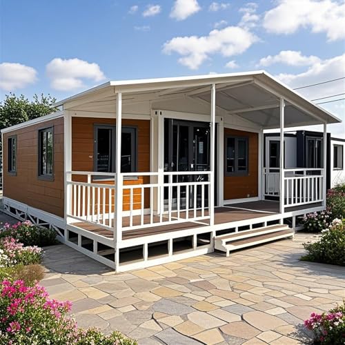 Expandable Prefab Tiny Home for Adults – Foldable Modular Container House with Bedroom, Bathroom & Kitchen | Portable Prefabricated Living Unit with Porch for Vacation, Guest House, Off-Grid Cabin