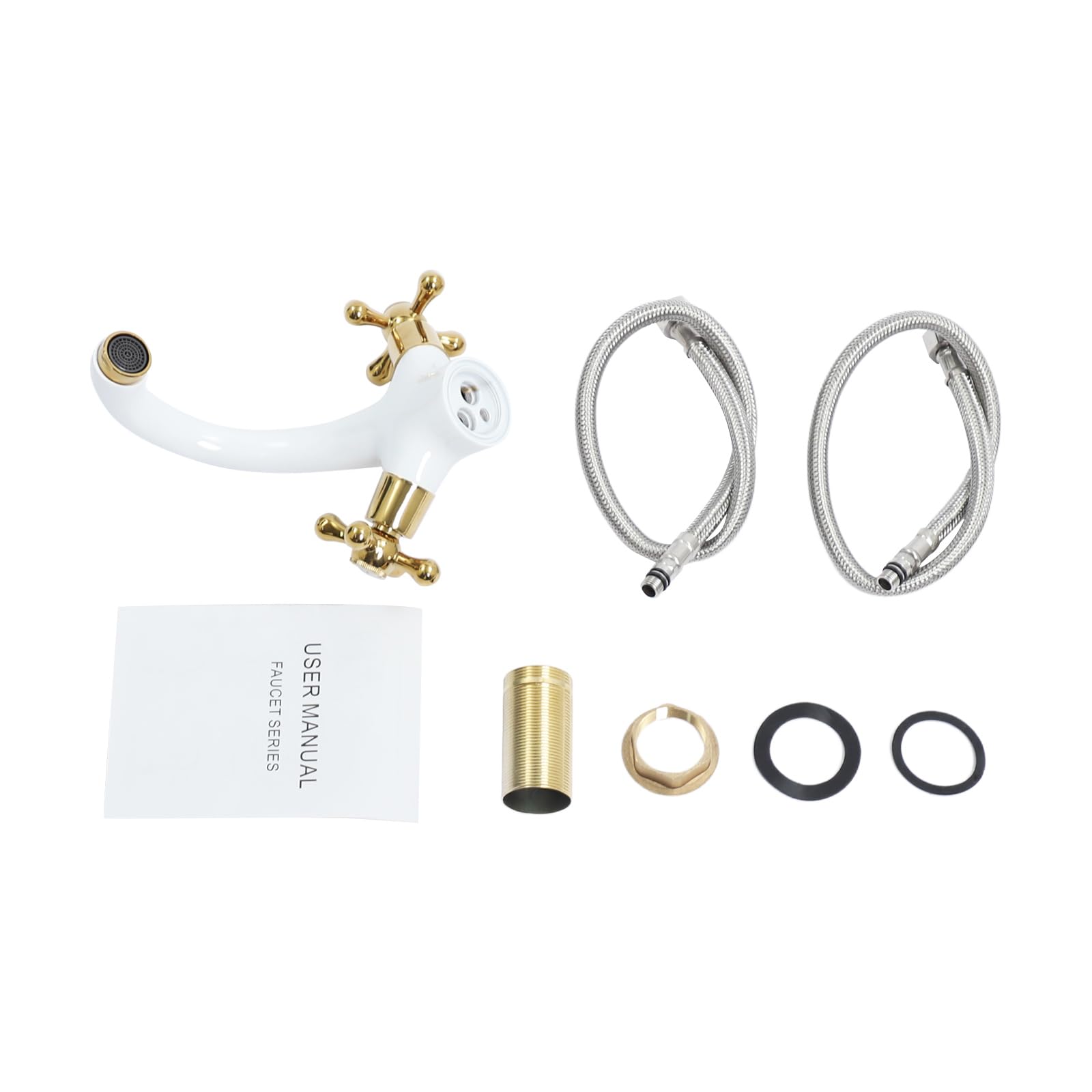 Grifo de baño antiguo, de dos manijas, grifo de lavabo retro, grifo mezclador para baño de cobre, grifos de lavabo con agua caliente y fría ajustable (blanco+dorado)
