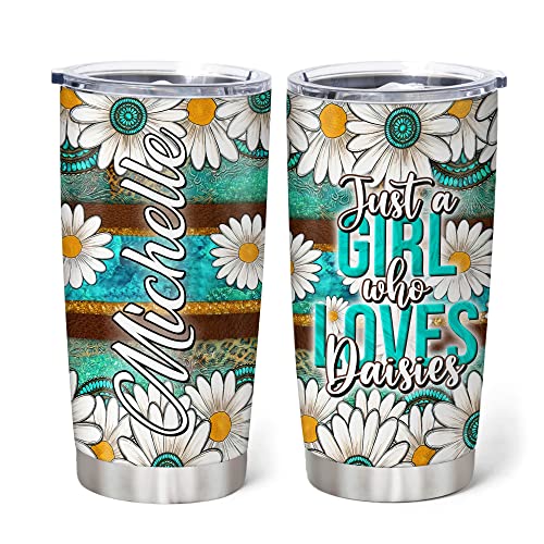 Hyturtle Personalized Gifts For Daisy Flower Lover - Birthday Christmas - Just A Girl Who Loves Daisies Stainless Steel Tumbler 20oz With Straw Lid - Gifts For Her Women Girl Daughter Friend