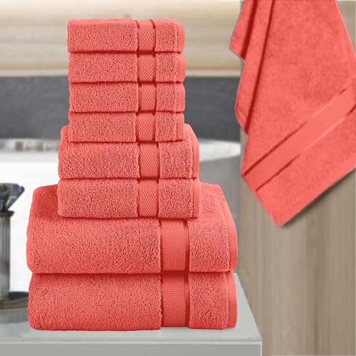 Image of Elegant Comfort Premium Cotton 8-Piece Towel Set, Includes 4 Washcloths, 2 Hand & Bath Towels, 100% Turkish Cotton - Highly Absorbent and Super Soft Towels for Bathroom, Coral (Pack of 4)