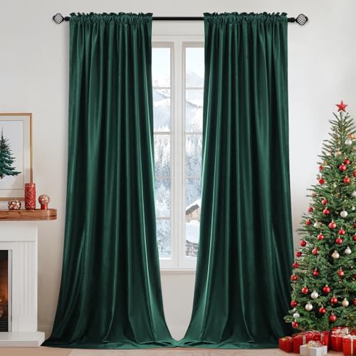 Image of MIULEE Dark Green Blackout Velvet Curtains Drapes 84 Inch Long 52 inchx84 inch | Luxurious Bedroom Living Room Decor, Room Darkening, Thermal Insulated, Rod Pocket Design, Super Soft Fabric