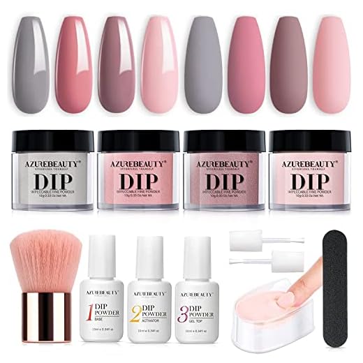 AZUREBEAUTY Dip Powder Nail Kit, 4 Colors Gentle Pink Dipping Powder System Liquid Set Recycling Tray with Base & Top Coat Activator for French Nail Art Manicure Salon DIY at Home