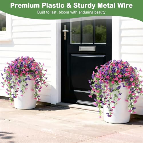 Image of Lewondr 2PCS Artificial Hanging Flowers UV Resistant Petunias, Mixed Pink | 29.5 inch Morning Glory, No Watering Needed, Fade Proof, for Porch Patio Yard Baskets, Spring Summer Decor, Indoor Outdoor Use