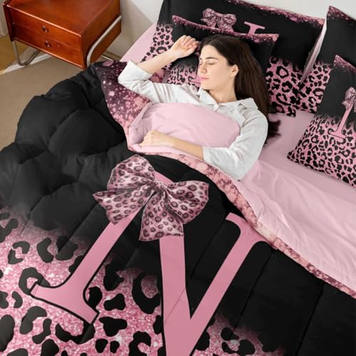 Image of Feelyou Pink Leopard Bow Comforter Set with Sheets 7 Piece Full Size Initial Letter N Bed in a Bag Kids Boys Girls Girly Bowknot Bedding Set Bedroom Decor Breathable Soft Lightweight Microfiber