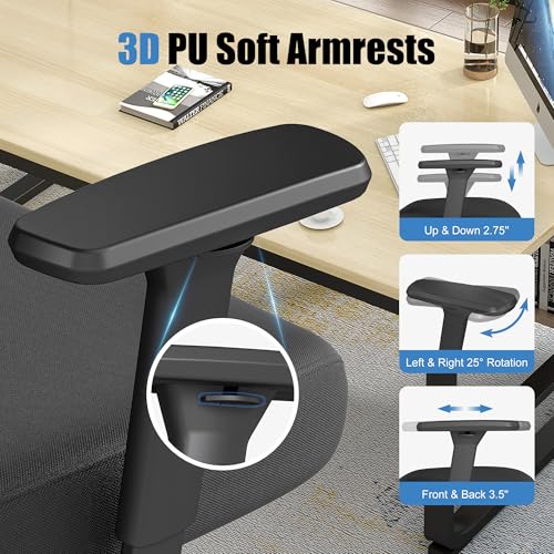 Image of Ergonomic Office Chair with Adjustable Lumbar Support, 3D Arms and Headrest, High Back Wide Desk Computer Chair with Wheels, for Home & Office, Black