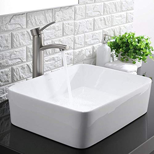 Comllen Counter White Porcelain Ceramic 18.9"X14.5" Bathroom Vessel Sink,Art Basin Rectangular Vessel Sink Durable Bathroom Sink