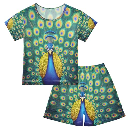ALAZA Peacock Bird Blue Yellow Pajamas Set Short Sleeve Cotton Sleepwear Summer Pjs 2 Piece 5-14Y