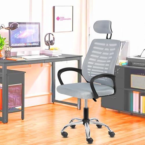Image of Casa Copenhagen,Mesh Office Desk,Rocking, Ergonomic Computer Chair Adjustable High with Headrest and Comfortable Armrest Swivel Chair - Grey & Black Handle