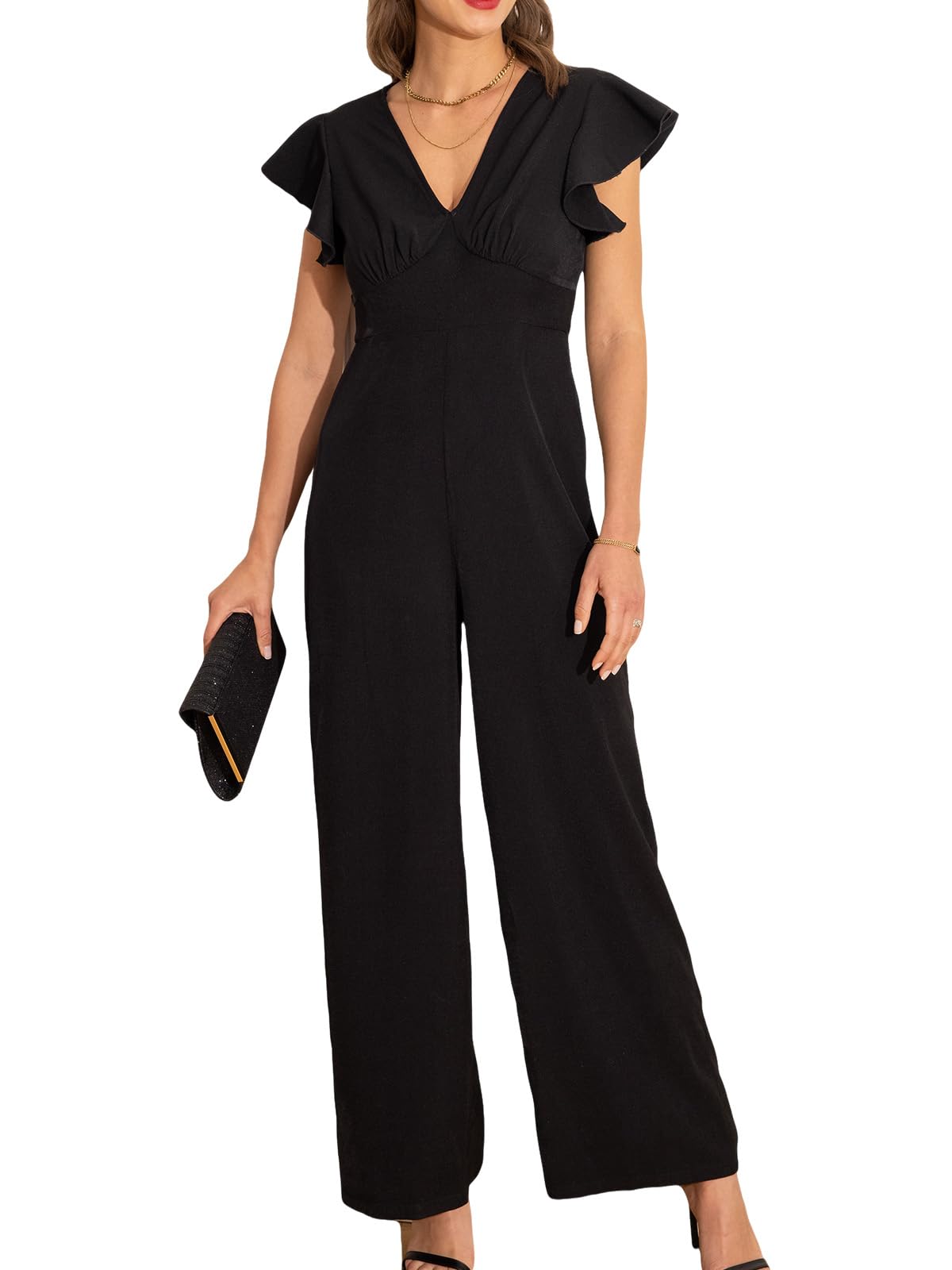 CUPSHE Tuta da donna casual elegante con scollo a V manica a volant lunghe gambe larghe tuta da vacanza tuta con cerniera