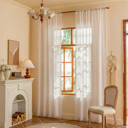 Image of MYSKY HOME Boho Farmhouse White Long Curtains for Living Room, Light Filtering Privacy Semi Sheer Window Treatments with Tassle for Sliding Glass Door, 50 inch Wx90 inch L, Pure White, Set of 2