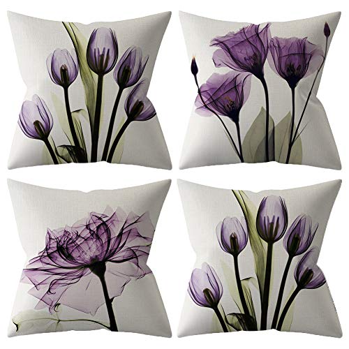 BCKAKQA Lot de 4 housses de coussin carrées décoratives en lin de style bohème avec fleur...