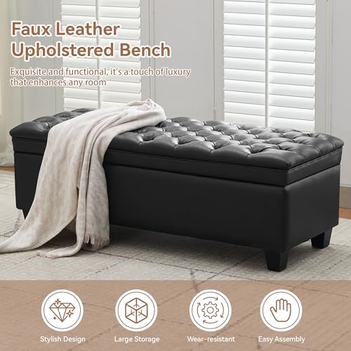 Image of WUTUTUEE 50 inch Faux Leather Storage Ottoman Bench, End of Bed Upholstered Rectangle Storage Ottoman Tufted Living Room Bedroom Bench with Safety Hinge, Solid Wood Legs, Loads 500 lb(Black)