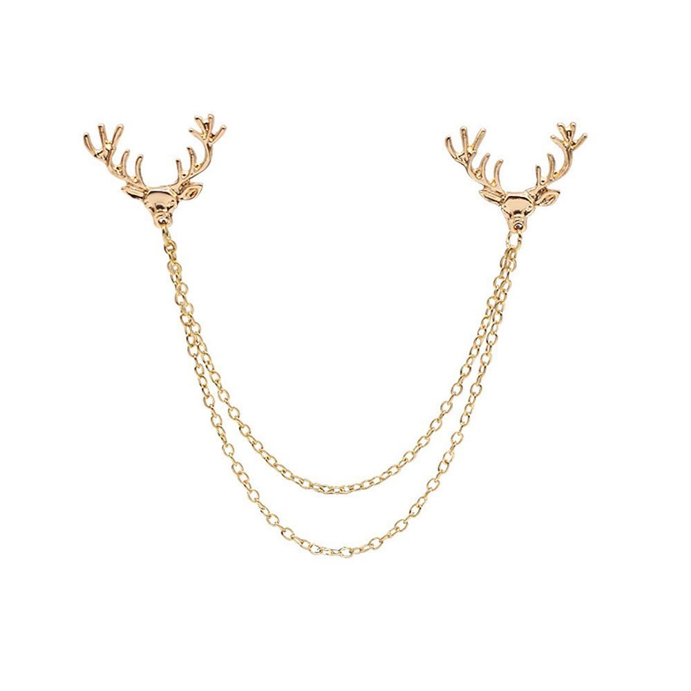 Fashion Deer Head Elk Tips Double Chains Tassels Collar Pins Brooch Shirt Neck Jewelry