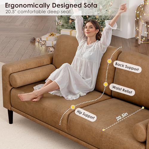 Image of HIFIT 79'' Mid Century Modern Faux Leather Couch Set for Living Room, Brown | 3 Seater Sofa Set, Deep Seat, Plush Cushion, Performance Pocket Spring, 2 Pillows, 800lb Capacity Home Sofa for Office, Brown
