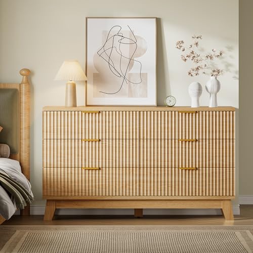 Image of BORNOON Fluted 6 Drawer Dresser, 47.2 inch Wide Modern Boho Chest of Drawers, Wooden Storage Dresser TV Stand for Bedroom, Living Room, Closet, Hallway, Curved Profile Design