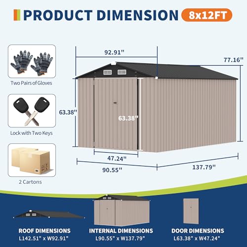 Outdoor Metal Sheds 8x12, Outdoor Storage Shed MetalGarden Tool Shed for Backyard, Metal Utility Sheds Buildings with Air Vent