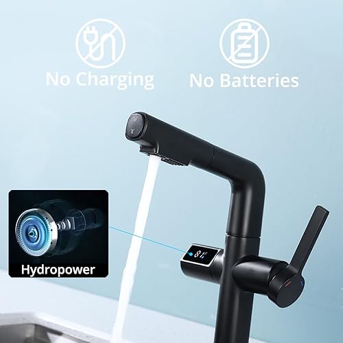 Miniatura 3 de Grifo de baño LED con rociador extraíble, grifo alto de baño negro mate con pantalla digital de temperatura, grifo de fregadero de cocina de 1