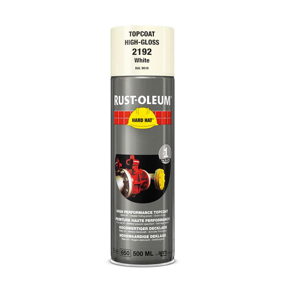 Rust-Oleum HARD HAT Decklack - Hochleistungsfähiger Industrielack-Spray zur Verwendung auf Metall, Holz und Beton. In verschiedenen Farben mit hoher Deckkraft. - 500ml (Weiß Hochglanz RAL9010)