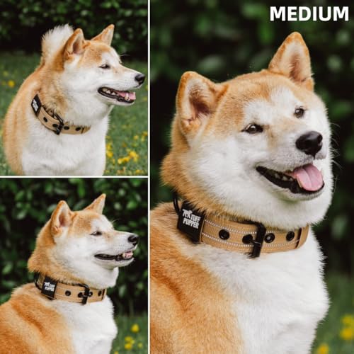 Image of Tuff Pupper Heavy Duty Tactical Dog Collar | 1.5 inch Wide Ballistic Nylon | Reflective Stitching | Integrated ID Tag Holder | Stainless Steel Buckle | Padded Lining | Medium & Large Dogs (Tan, Medium)