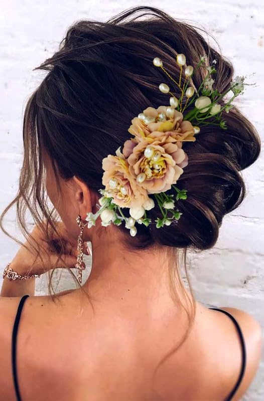 Image of Hair Flare Comb Slide for Women, Girls Artificial Flower Hair Accessories, Bridal Hair Pin for Bun, 2215 - Peach