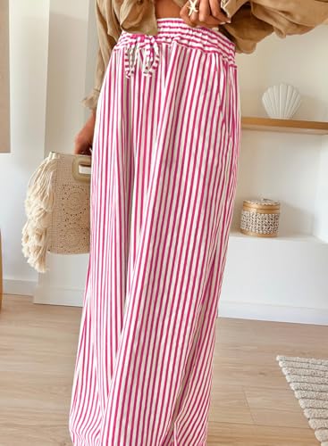 Image of Acelitt Women Casual Drawstring Elastic Waist Striped Wide Leg Pants with Pockets, S-XXL