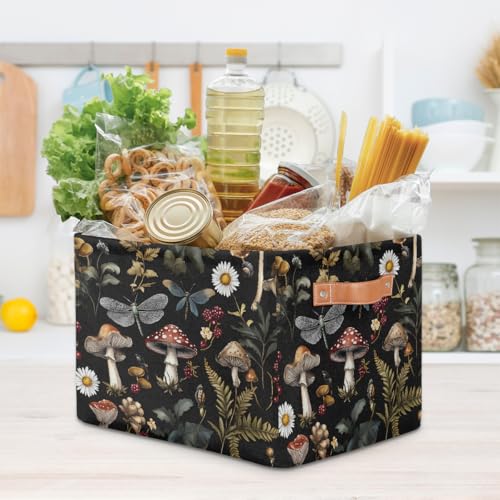 Image of Mushrooms Daisies Storage Baskets for Organizing, Fabric Collapsible Storage Bins Box Forest Plants Decorative Toy Organizer Baskets for Closet Shelves Gift Basket 2Pcs