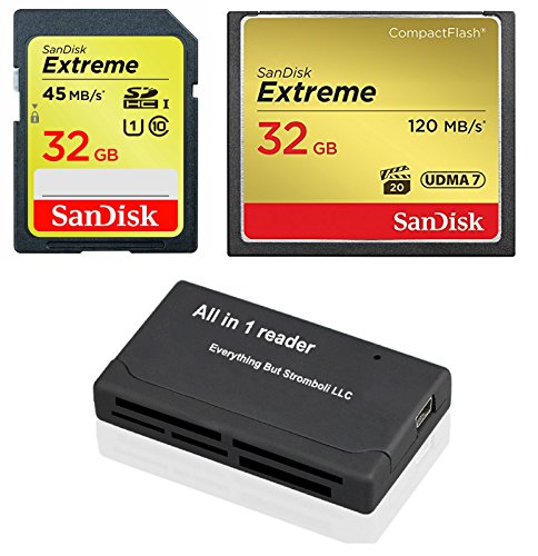 SanDisk CompactFlash Extreme 32GB CF Memory Card (SDCFXSB-032G-G46) and 32GB SDHC Extreme (SDSDXVE-032G-GNCIN) works with Nikon D300S, D810 Cameras with Everything But Stromboli (TM) Combo Reader