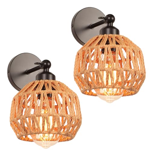 LIGKIN 2 Piezas Apliques de Pared Vintage Lámparas de pared Ratán Pantalla Metal Jaula, E27 Aplique Pared Interior Diseño Plafón Retro para Pasillo Escalera Cocina, Marrón