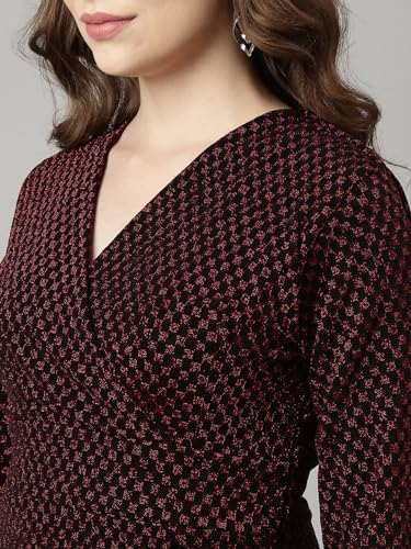 Image of SHOWOFFFF Women Self Design Wrap Party Dress | V Neck Full Sleeves Jersey Dress for Womens | Above Knee Dress for Women's