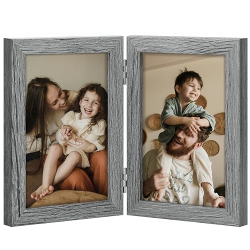 decorUhome Double 4x6 Picture Frame Vertical, Engineered Wood Bifold Photo Frame with Plexiglass for Tabletop Display, 4x6, Grey