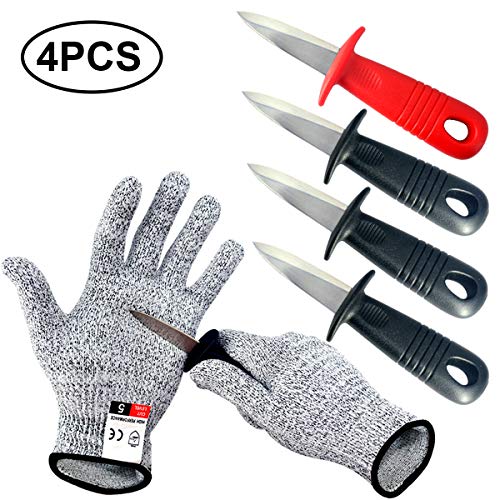 BXIO - Coltello da ostrica con guanti resistenti al taglio, strumento per apribottiglie, 4 pezzi, colore: nero e rosso Nero
