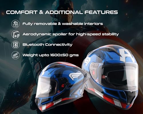 Image of Axor Street Marvel Captain America ISI ECE and DOT Certified Lightweight Full Face Helmet for Men and Women with Scratch and UV Resistant Dual Visors-Dull Blue Red White-L
