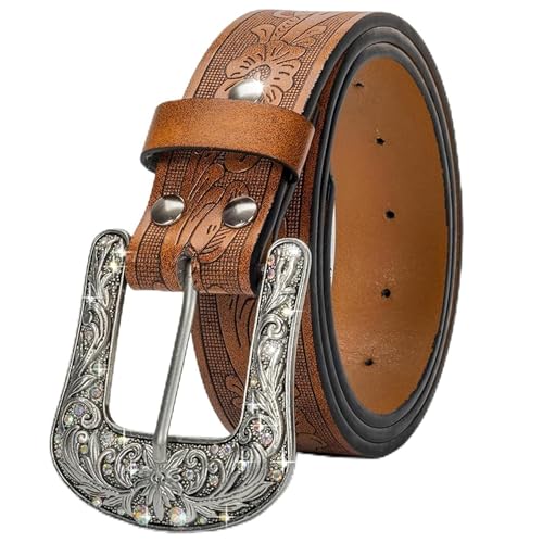Cowgirl Cowboy Rhinestone-Studded-Buckle Western Belt for Women PU-Leather Floral-Embossed Vintage-Carved Belt