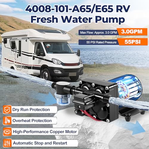 Image of 4008-101-A65 /E65 RV Water Pump,12V RV Water Pump 3.0 GPM &55 PSI Diaphragm Pump Self Priming for RV Plumbing & Camper Water Pump with Pressure Switch Quiet & Smooth Operation