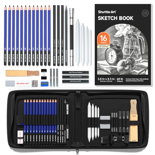 Shuttle Art Crayon Dessin Professionnel, 37 Pièces Kit Artiste Materiel Dessin, Kit Crayons Fusain Crayon Graphite pour Dessiner pour Débutants, Artistes, Ėtudiants