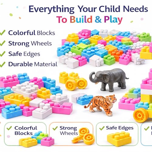 Image of Building Blocks with Wheels, 200-Piece Creative Set, Moveable Wheels, STEM Educational Toy, Multicolored, Ages 3 and Up