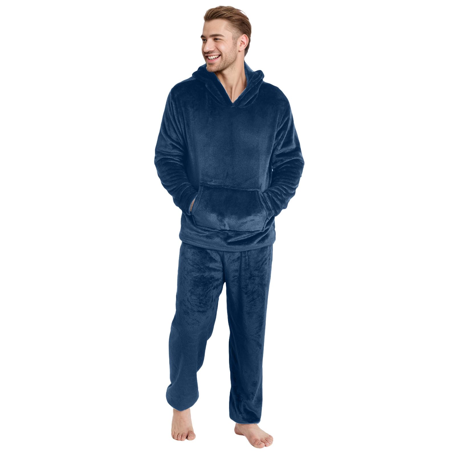 Generisch Pijama para hombre largo y grueso de franela con capucha y pantalón de dormir de dos piezas, pijama de dos piezas, traje de casa suave con bolsillo, invierno cálido y suave