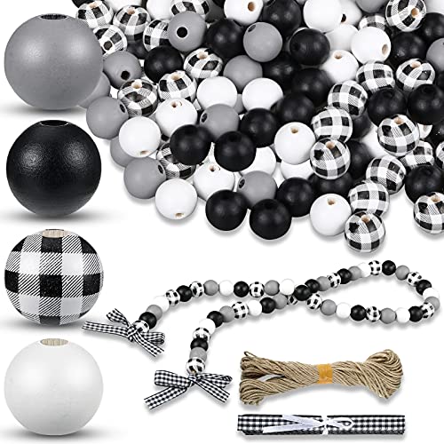 160 Pieces Christmas Wood Bead Craft Round Bead Buffalo Plaid Print Wood Bead Colorful Wooden Craft Bead with Ribbon Natural Wood Bead with Rope for DIY Christmas (Classic Pattern)