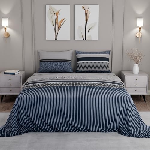 Image of BLISSHOME SoftTouch 150TC Cotton King Size Printed Bedsheet with 2 Pillow Covers for Double Bed, Silky Smooth Bedding Set, Breathable, Easy Maintain, Geometric Pattern - Navy(228cm X 274cm)