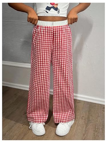 Verdusa Girl's Preppy Gingham Plaid Track Pants Y2K Straight Leg Loose Trousers with Pockets4